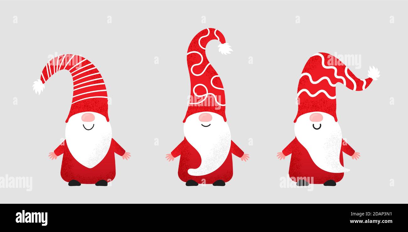 Ensemble de jolis gnomes de noël dans des chapeaux drôles avec texture de bruit. Illustration vectorielle des elfs du nord, dessin animé des nains scandinaves. Éléments de Noël pour Illustration de Vecteur