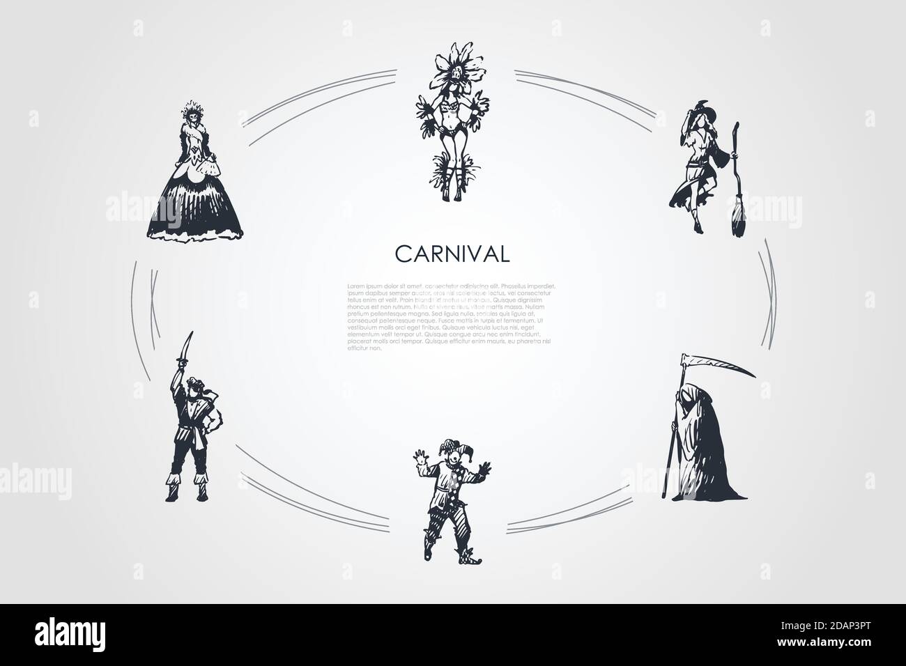 Carnaval - personnes dans différents costumes traditionnels pour des vacances spéciales ensemble de concepts vectoriels Illustration de Vecteur