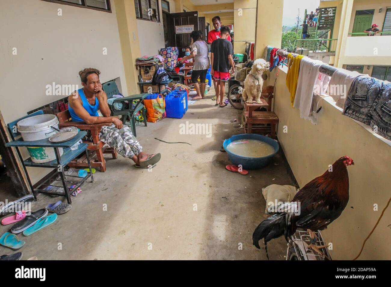 Rizal, Philippines. 14 novembre 2020. Les familles prennent refuge avec leurs effets personnels et leurs animaux de compagnie dans un centre d'évacuation converti d'une école après l'inondation provoquée par le typhon Vamco dans la province de Rizal, aux Philippines, le 14 novembre 2020. Le typhon Vamco a traversé l'île principale des Philippines, Luzon, de mercredi à jeudi, déclenchant des inondations soudaines et des glissements de terrain dans de nombreuses régions, laissant au moins 53 morts. Crédit: Rouelle Umali/Xinhua/Alamy Live News Banque D'Images