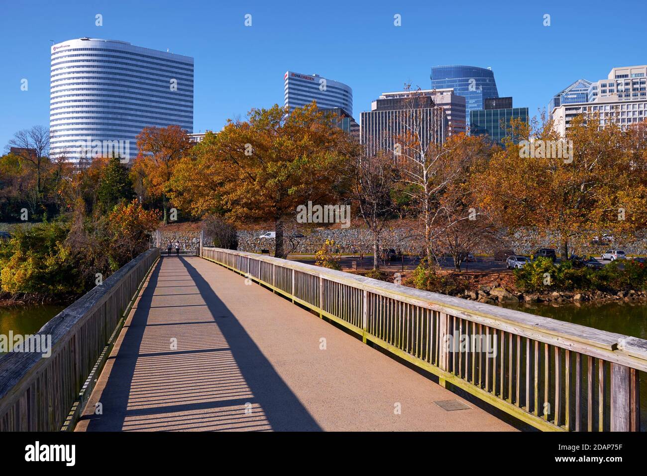 En regardant de nouveau depuis le pont piétonnier jusqu'à Theodore, Teddy Roosevelt Island Park au centre-ville de Rosslyn. À Rosslyn, Arlington, Virginie. Banque D'Images