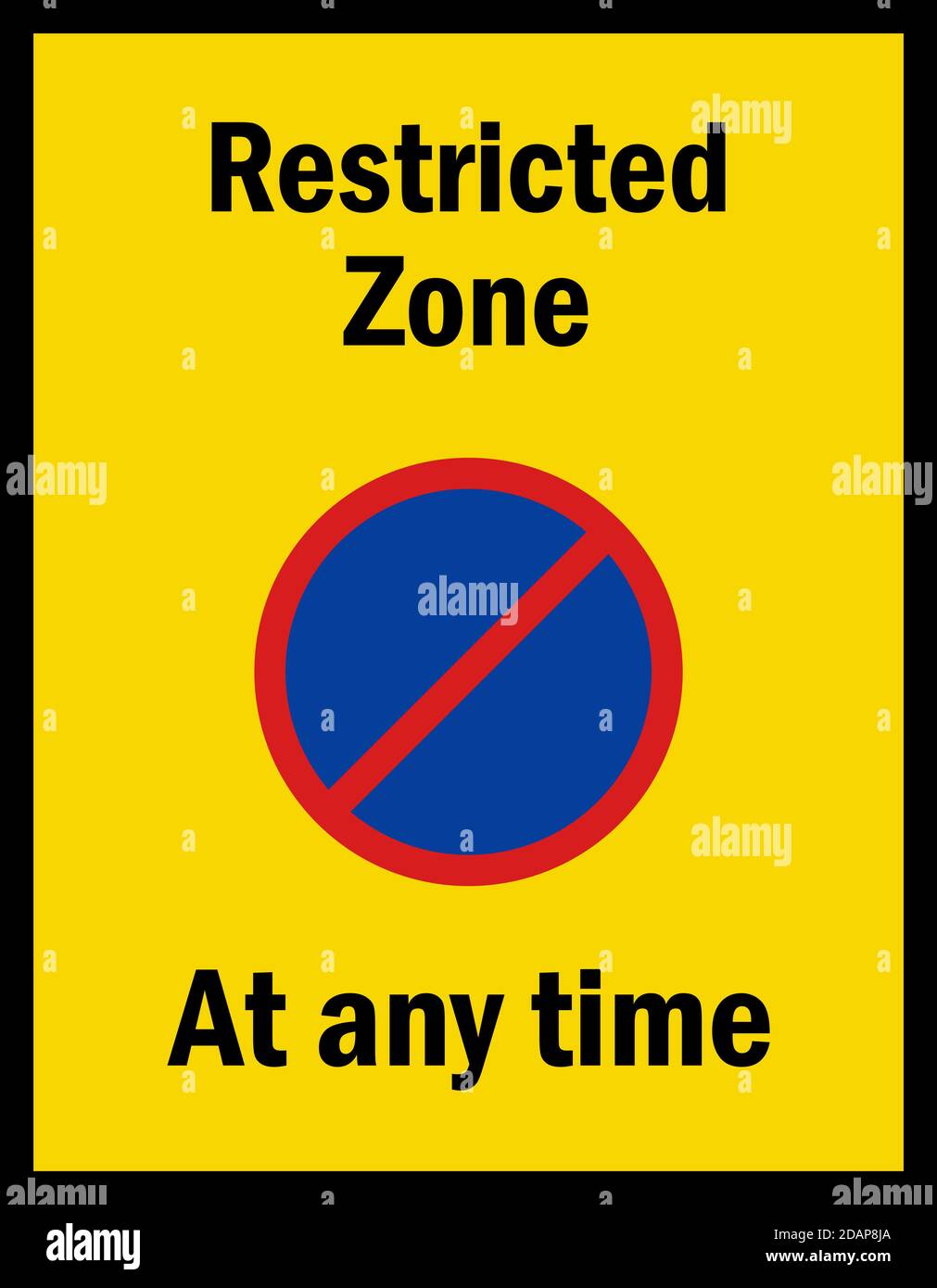 Zone restreinte à tout moment. Panneau de stationnement. Arrière-plan jaune. Illustration de Vecteur
