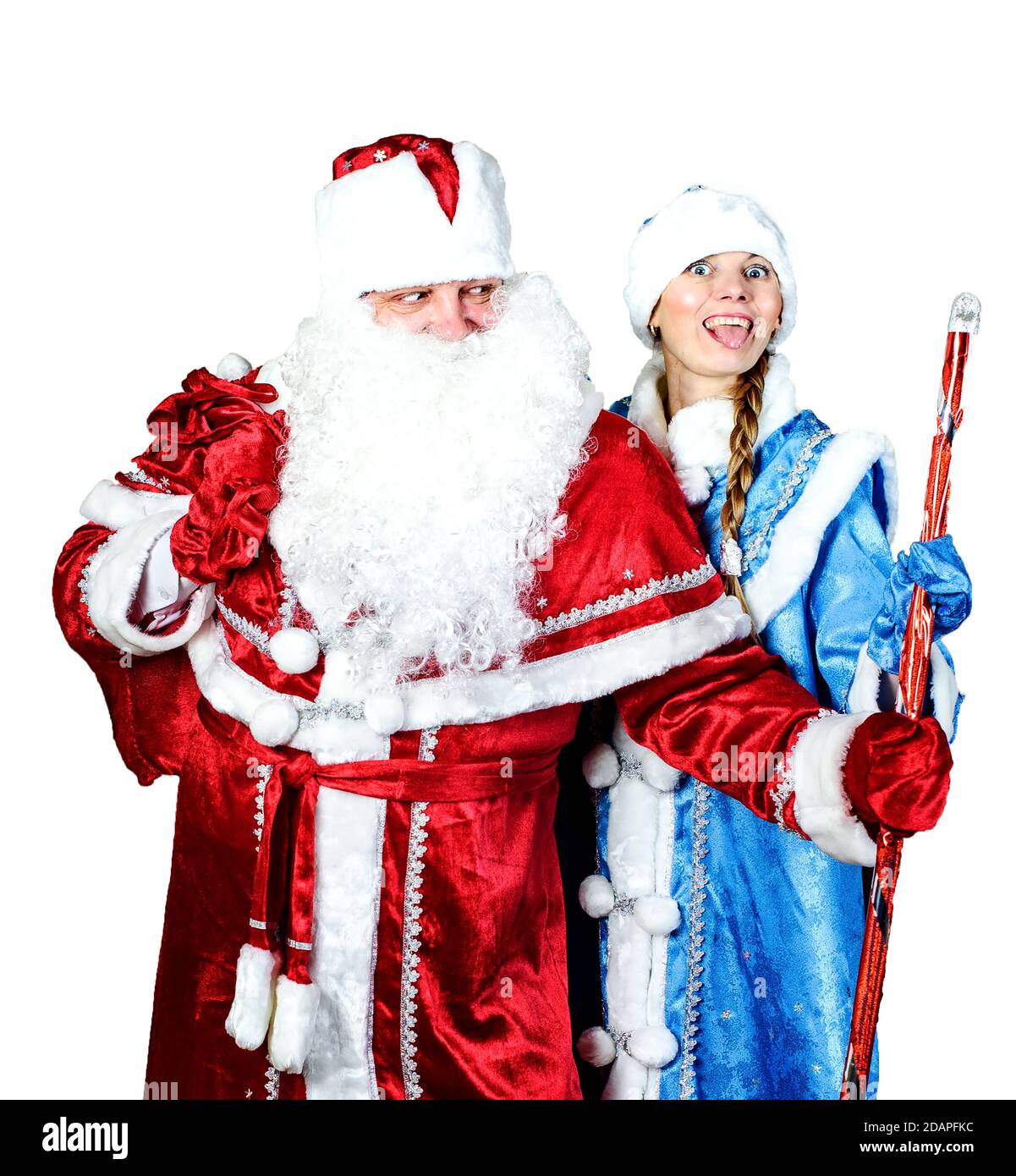 Bonne Annee Et Joyeux Noel Drole De Jeune Fille De Neige Et Le Pere Noel Sur Fond Blanc Vacances Russes Photo Stock Alamy