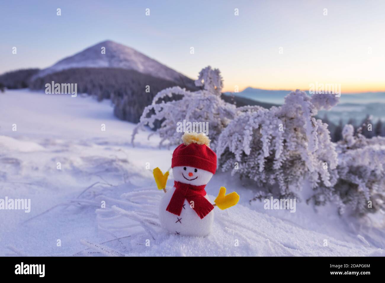 Bonhomme de neige en chapeau et foulard rouge sur pelouse enneigée. Magnifique coucher de soleil en hiver. Joyeux noël et Bonne Année. La bague est recouverte de givre Banque D'Images