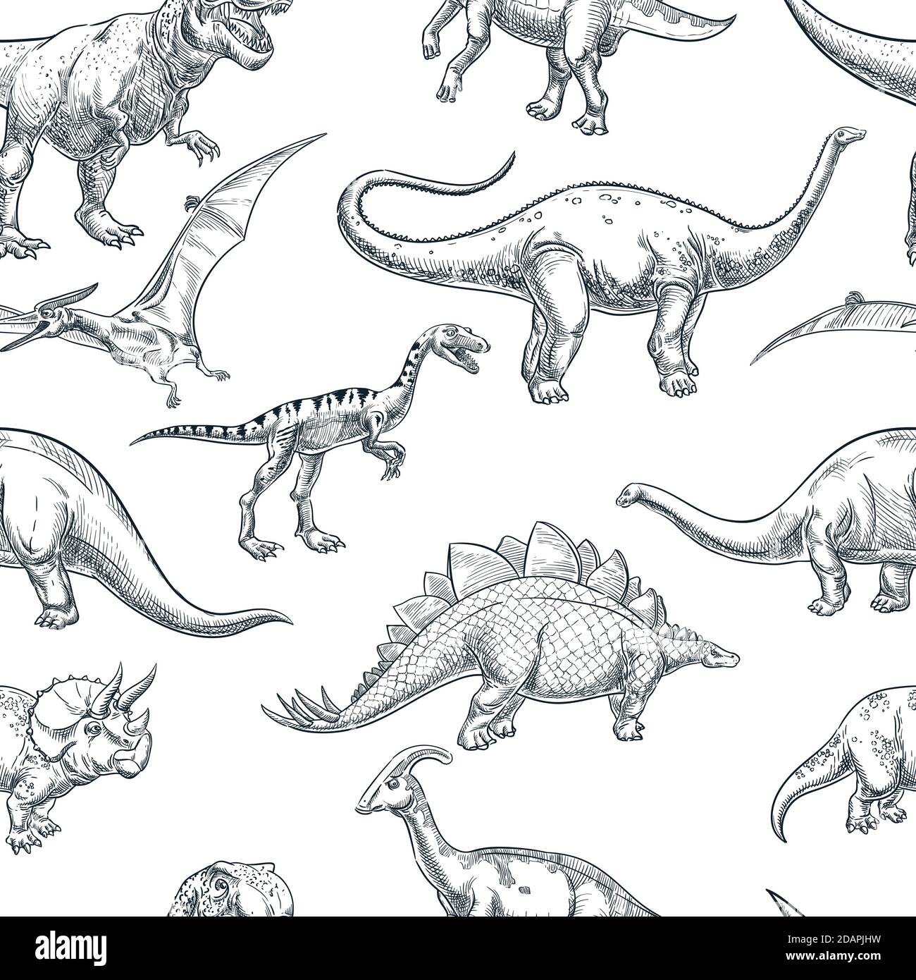 Dinosaures dessinés à la main sur fond blanc, motif vectoriel sans couture. Dessin tendance pour l'imprimé enfant en textile, le motif en tissu ou le papier d'emballage Illustration de Vecteur