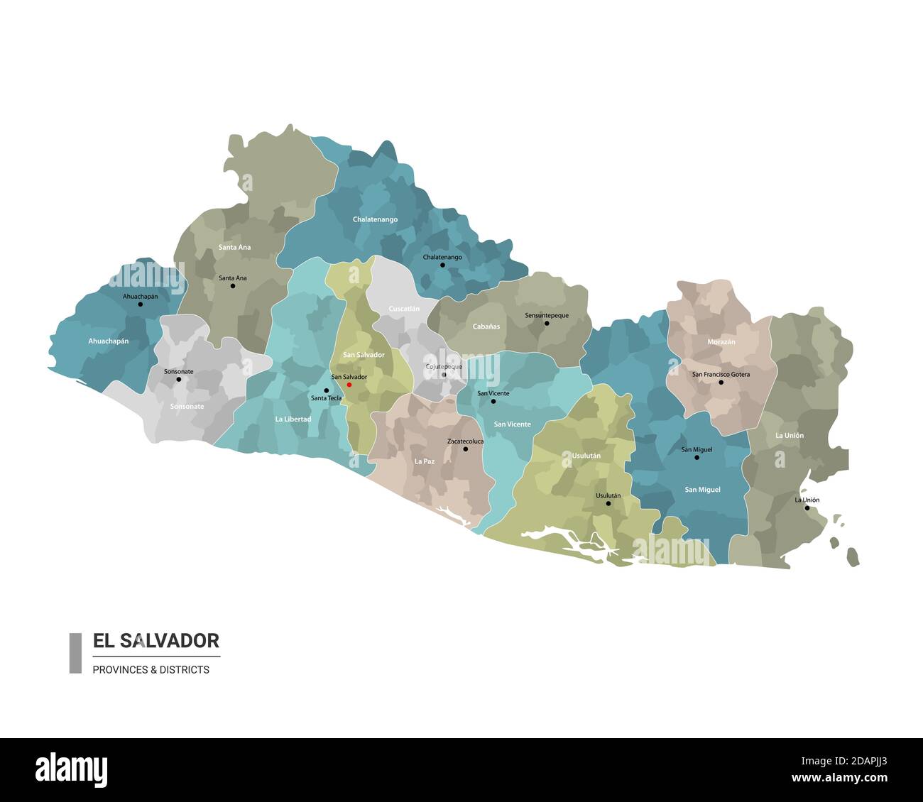 El Salvador higt carte détaillée avec subdivisions. Carte administrative d'El Salvador avec le nom des districts et des villes, coloré par les Etats et administrativ Illustration de Vecteur