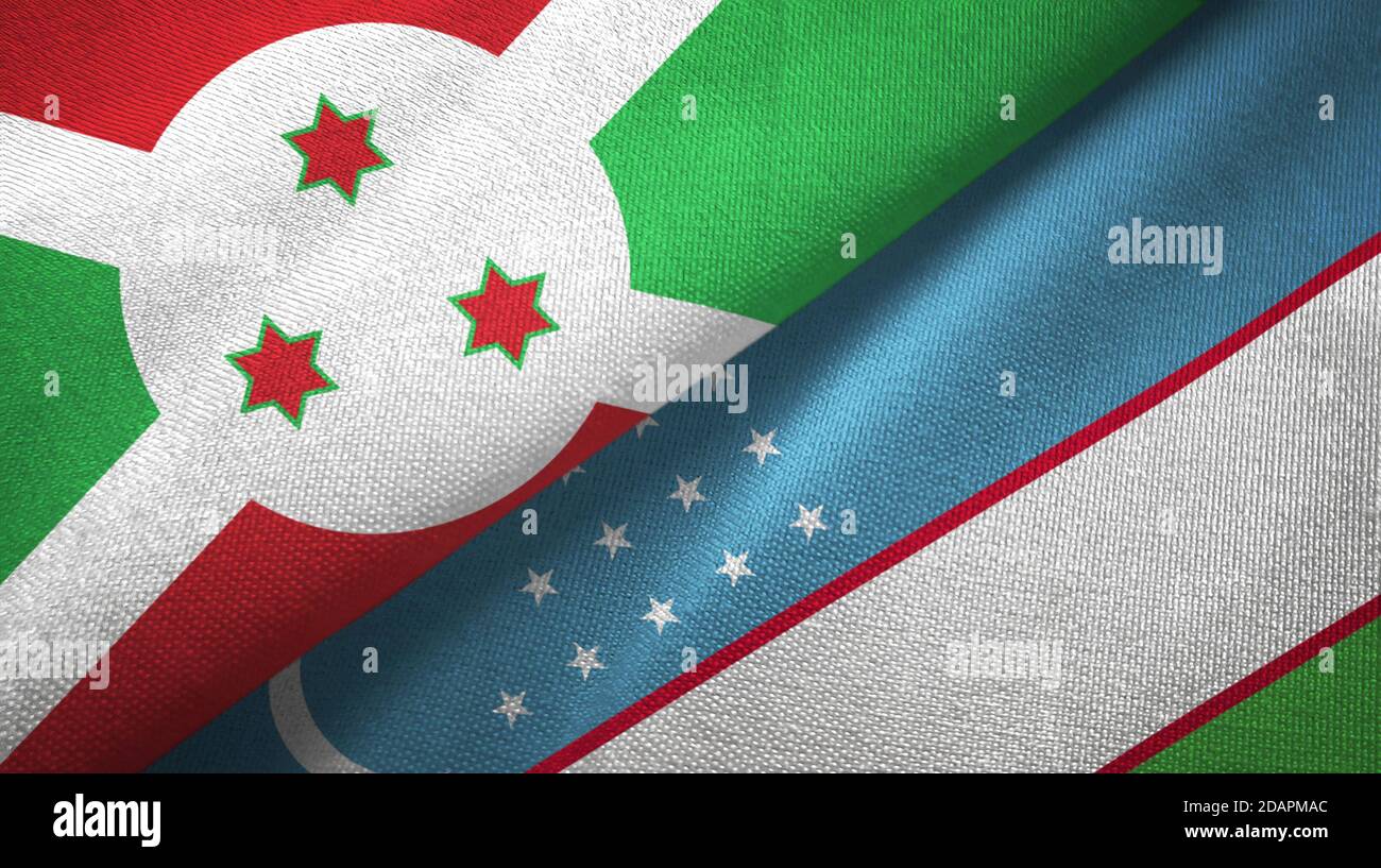 Burundi et Ouzbékistan deux drapeaux tissu textile, texture de tissu Banque D'Images