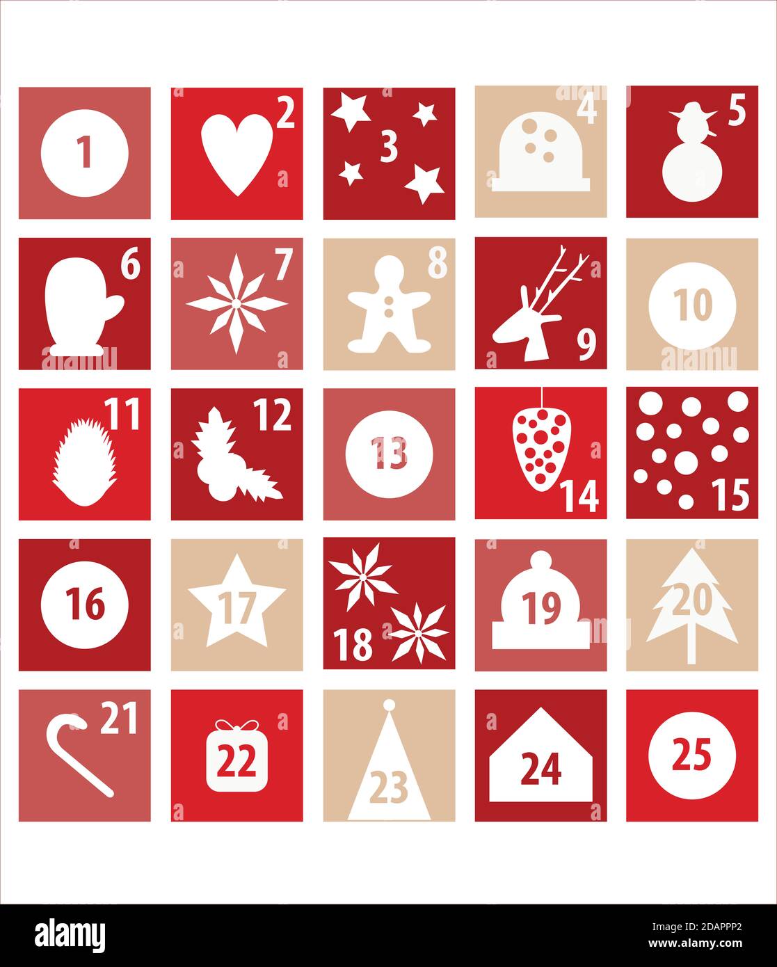 Illustration du calendrier de l'Avent pour le compte à rebours de Noël. Rouge et blanc avec symboles Noël. Banque D'Images