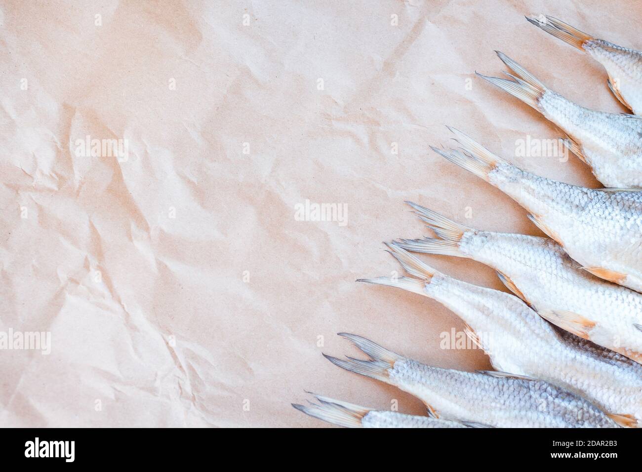 Bannière de modèle de poissons séchés sur fond de papier d'artisanat avec espace vide pour le texte. Toile de fond plate de couverture de roach salée. Affiche de collation de fruits de mer, décoration circulaire. Cadre à poisson pour boutique de promotion. Banque D'Images Bannière de modèle de poissons séchés sur fond de papier d'artisanat avec espace vide pour le texte. Toile de fond plate de couverture de roach salée. Affiche de collation de fruits de mer, décoration circulaire. Cadre à poisson pour boutique de promotion. Banque D'Images