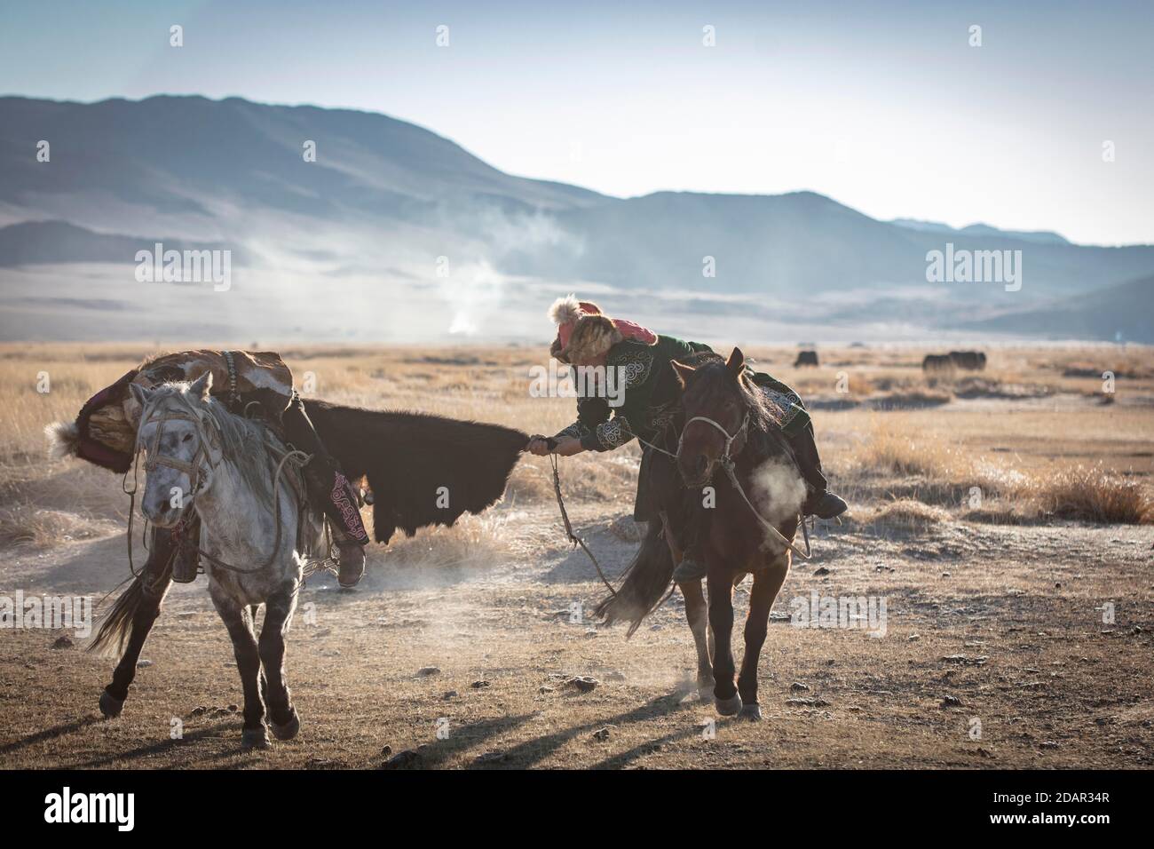 Les fils de SPAI Bashakhan s'entraînent pour le jeu équestre mongol Buzkaschi, province d'Olgii, Mongolie Banque D'Images