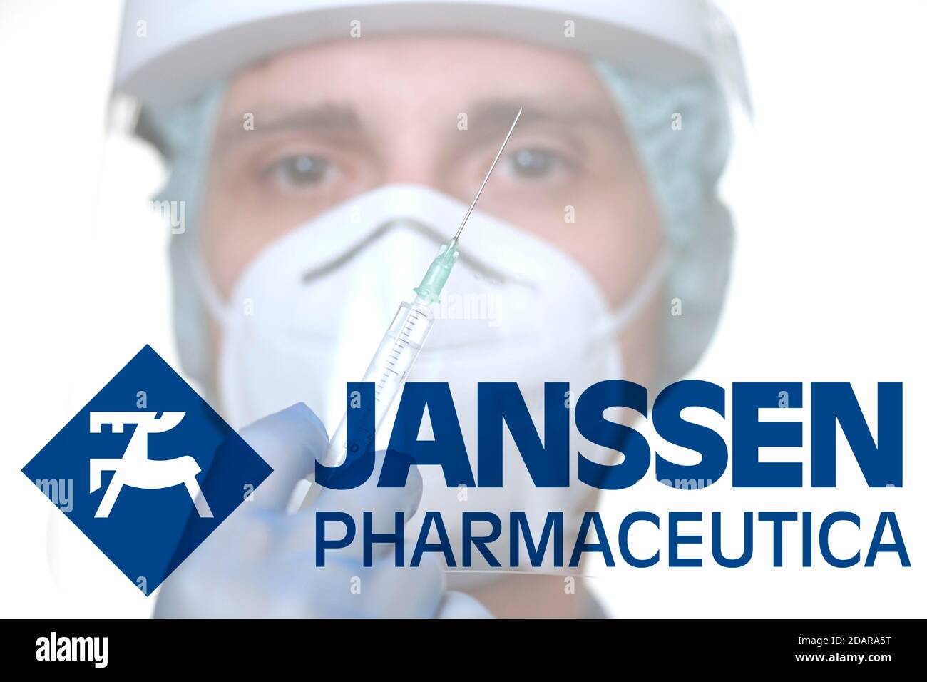 Image symbole vaccin Corona de JANSSEN PHARMACEUTICA, homme avec seringue, crise corona, Bade-Wurtemberg, Allemagne Banque D'Images
