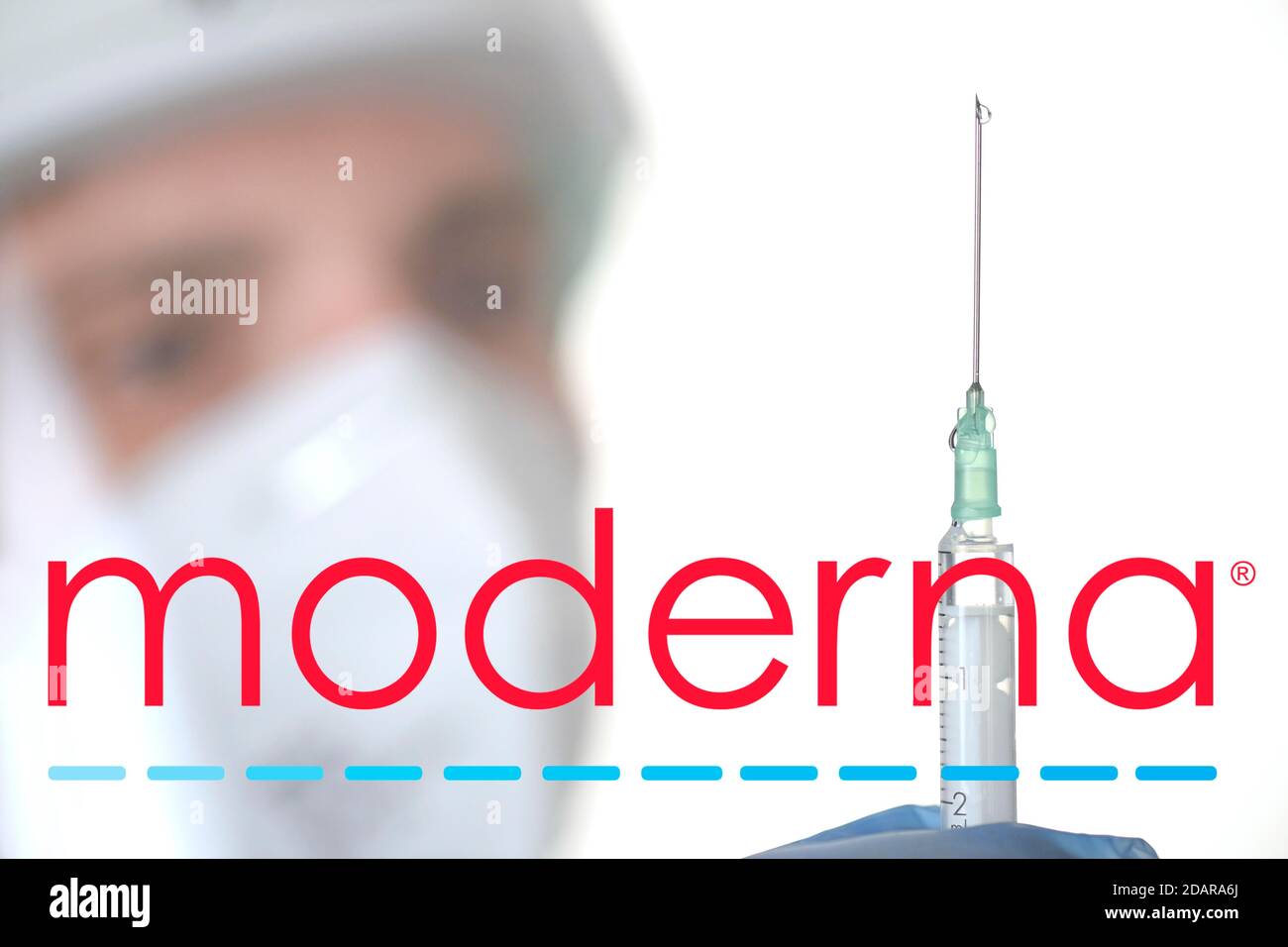 Image symbole vaccin Corona de la société MODERNA, homme avec seringue, crise corona, Bade-Wurtemberg, Allemagne Banque D'Images