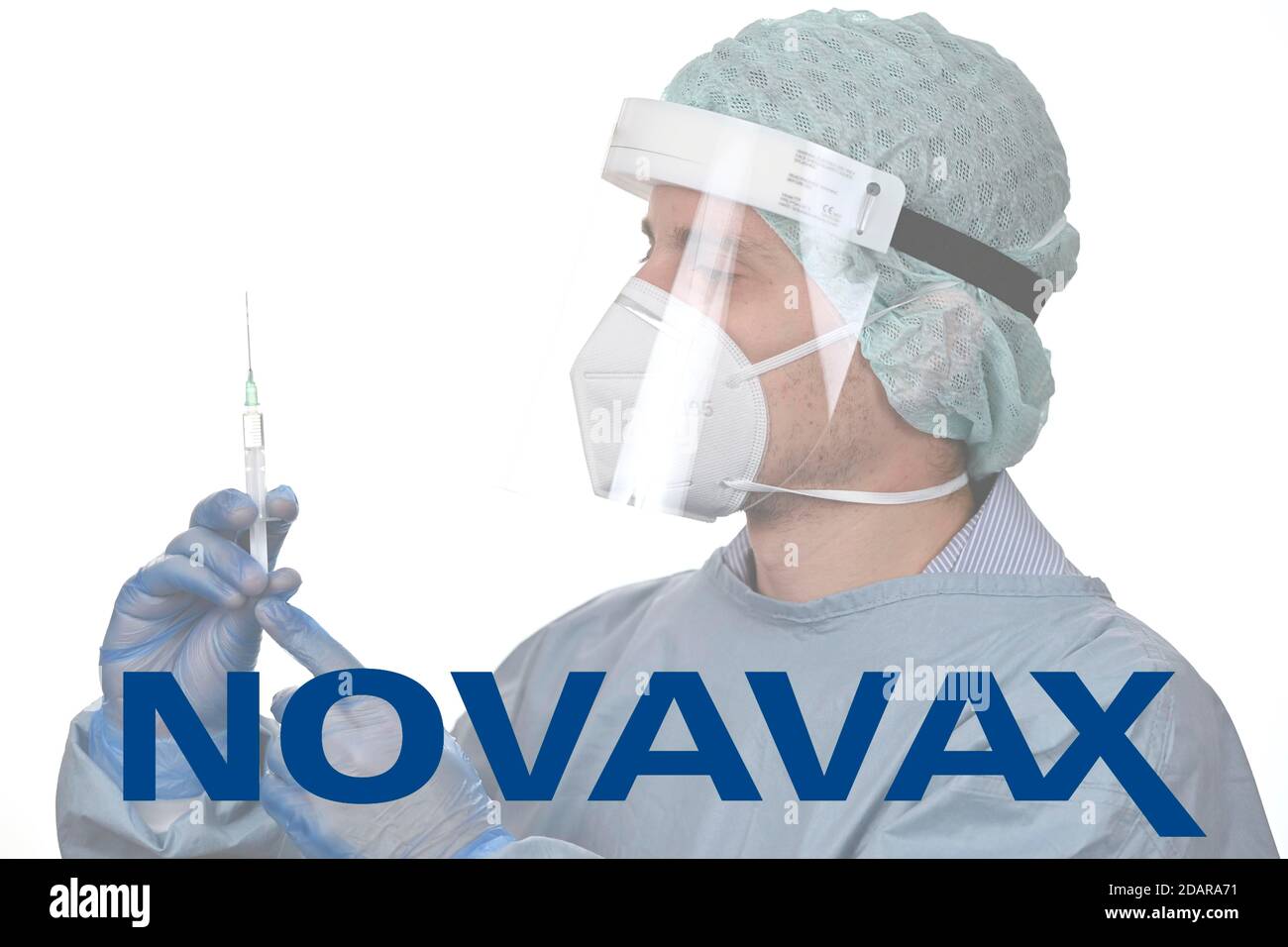 Image symbole vaccin Corona de NOVAVAX, homme avec seringue, crise corona, Bade-Wurtemberg, Allemagne Banque D'Images