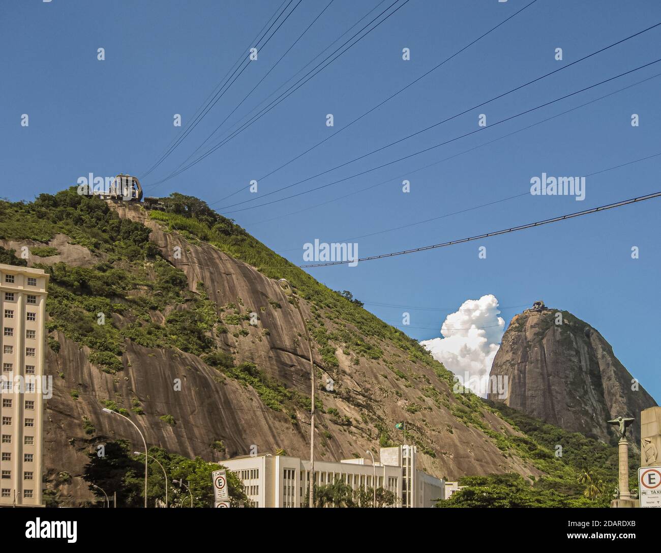 Rio de Janeiro Brésil - 24 décembre 2008 : PAO de Acucar. Se tenant sous les câbles du système de transport de cablecar pour monter la montagne de Sugarloaf sous le bleu sk Banque D'Images