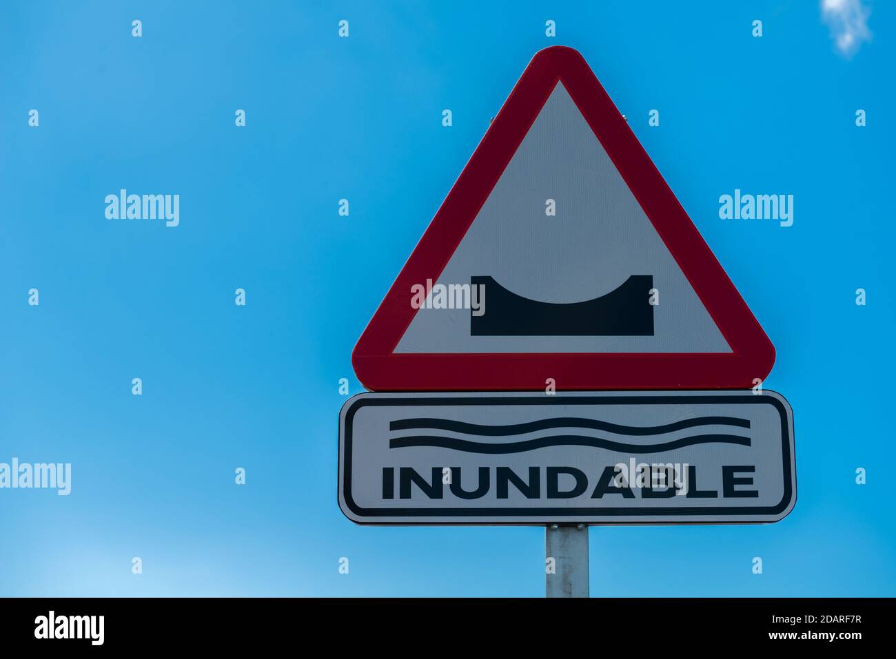 Panneau de signalisation routière 'inondation', Vueltas, Valle Gran Rey, la Gomera, Îles Canaries, Espagne Banque D'Images