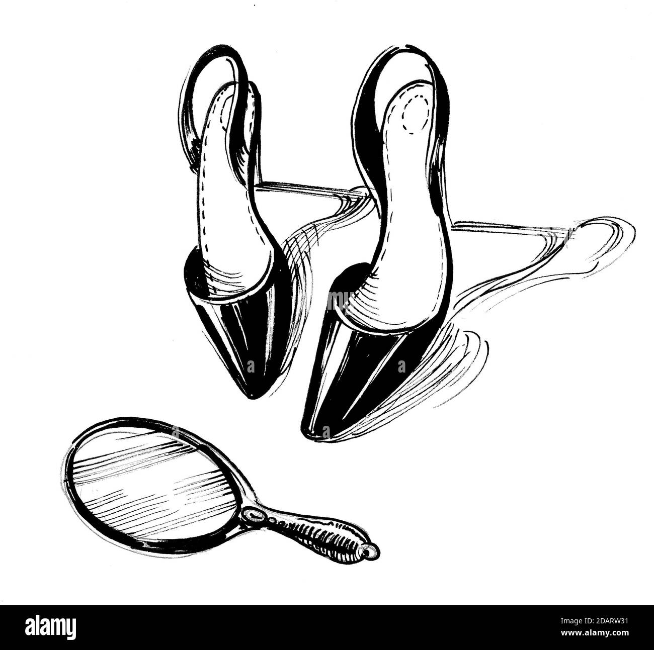 Paire de chaussures à talons hauts et miroir. Dessin noir et blanc Banque D'Images