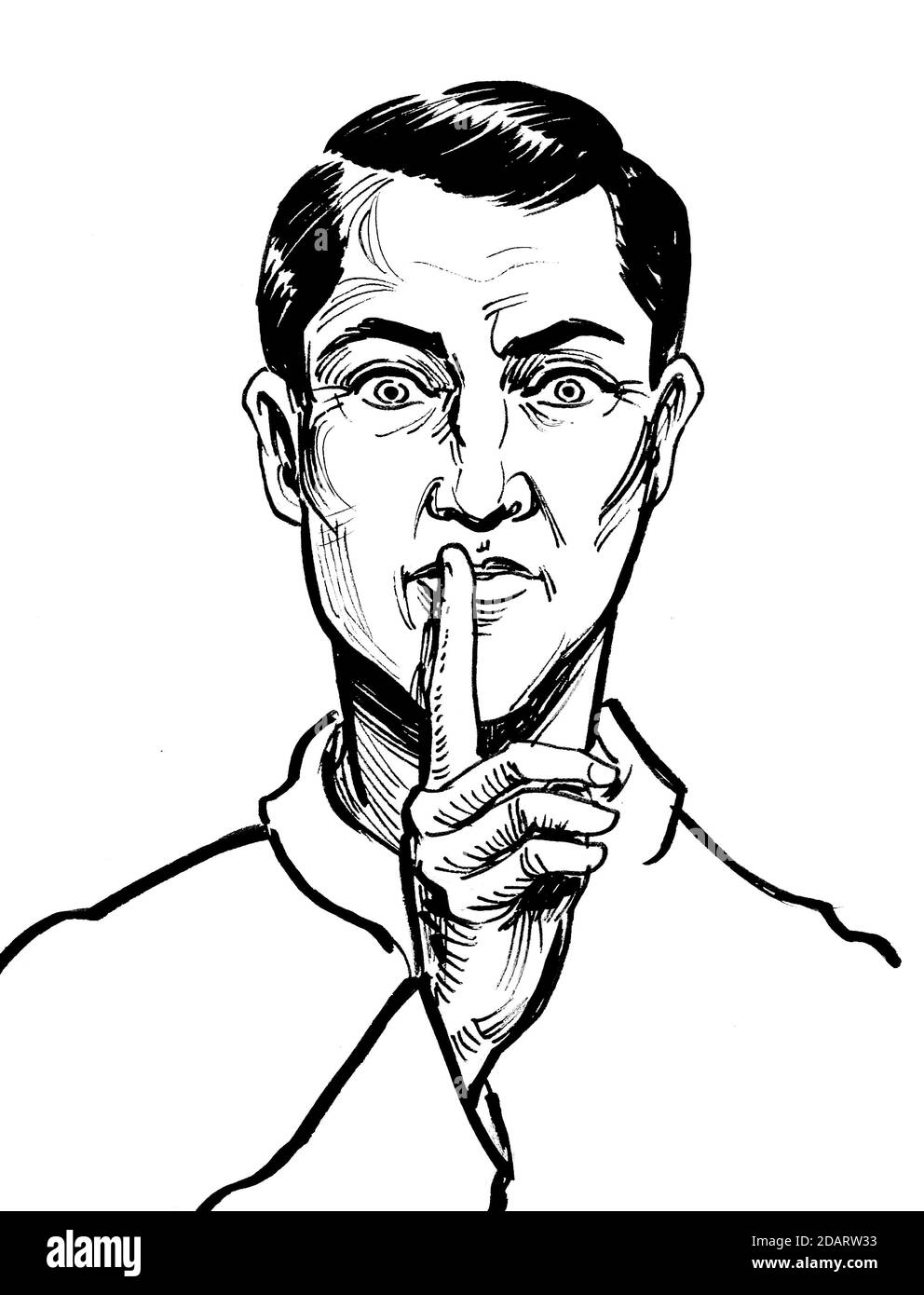 Homme faisant le geste de silence. Dessin noir et blanc Banque D'Images