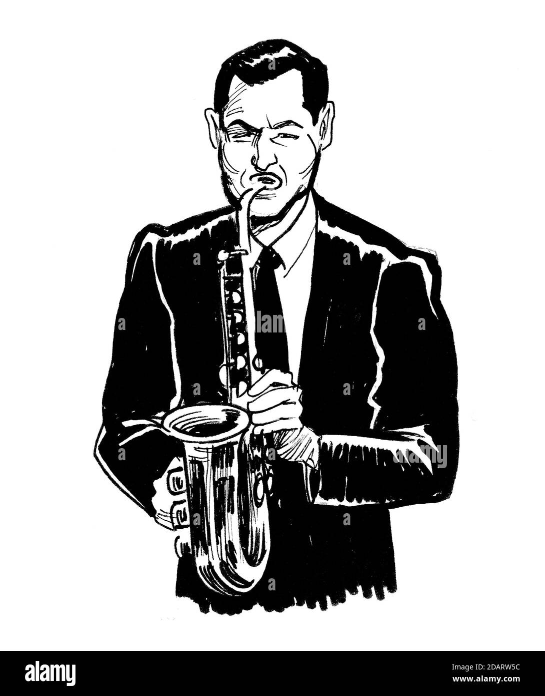 Homme jouant au saxophone. Dessin noir et blanc Banque D'Images