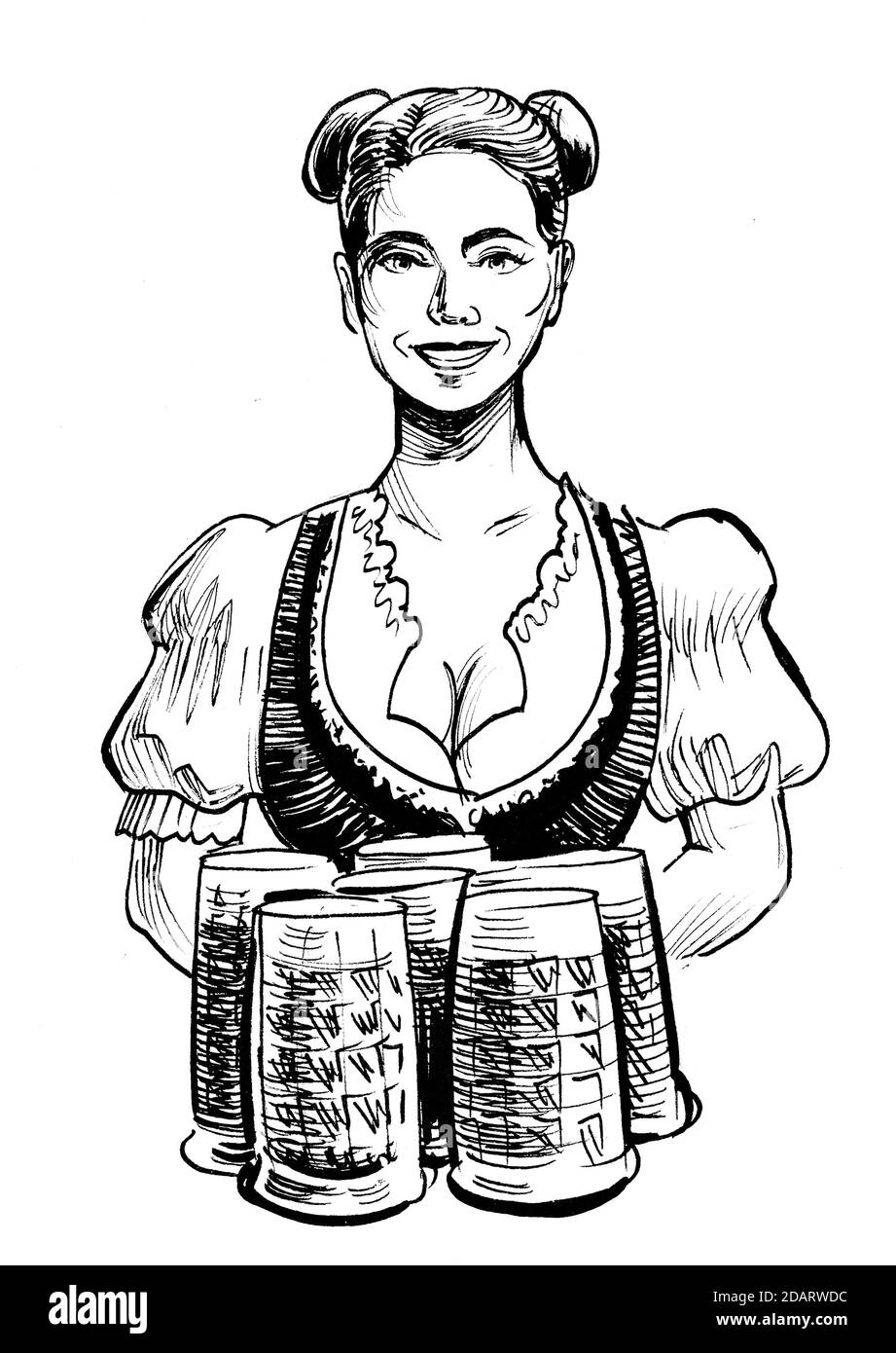 Jolie serveuse allemande Oktoberfest avec une tasse de bière. Dessin noir et blanc Banque D'Images
