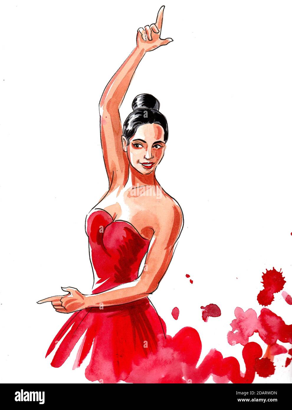 Magnifique danseur Flamenco en robe rouge. Dessin à l'encre et à l'aquarelle Banque D'Images