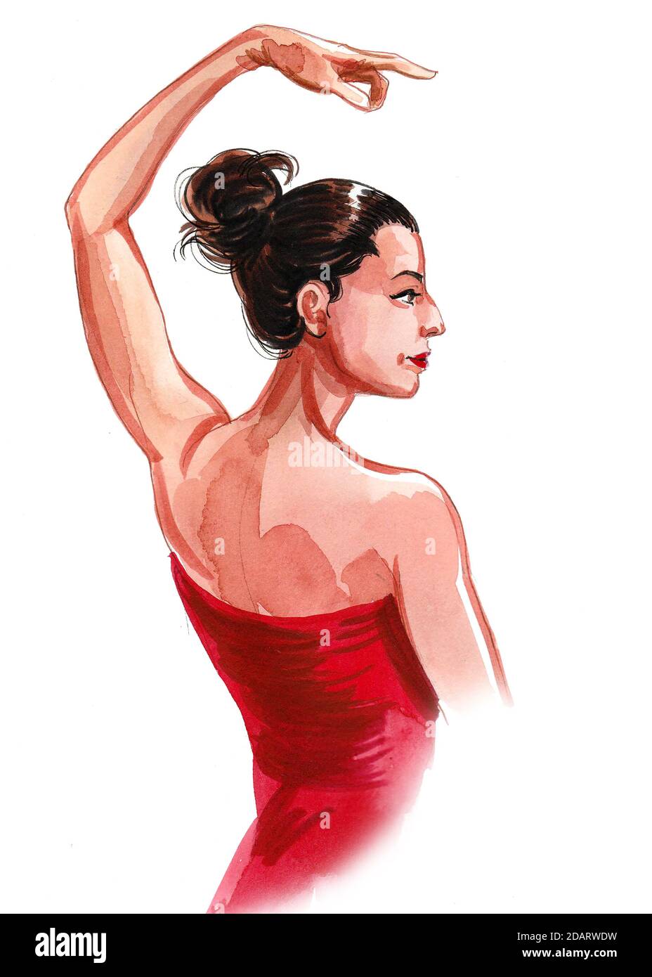 Magnifique danseur Flamenco en robe rouge. Dessin à l'encre et aquarelle Banque D'Images
