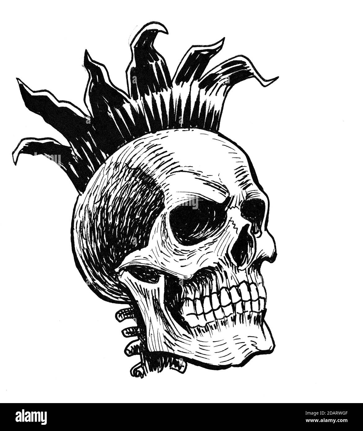 Crâne humain dans la couronne rouillée. Dessin noir et blanc Banque D'Images