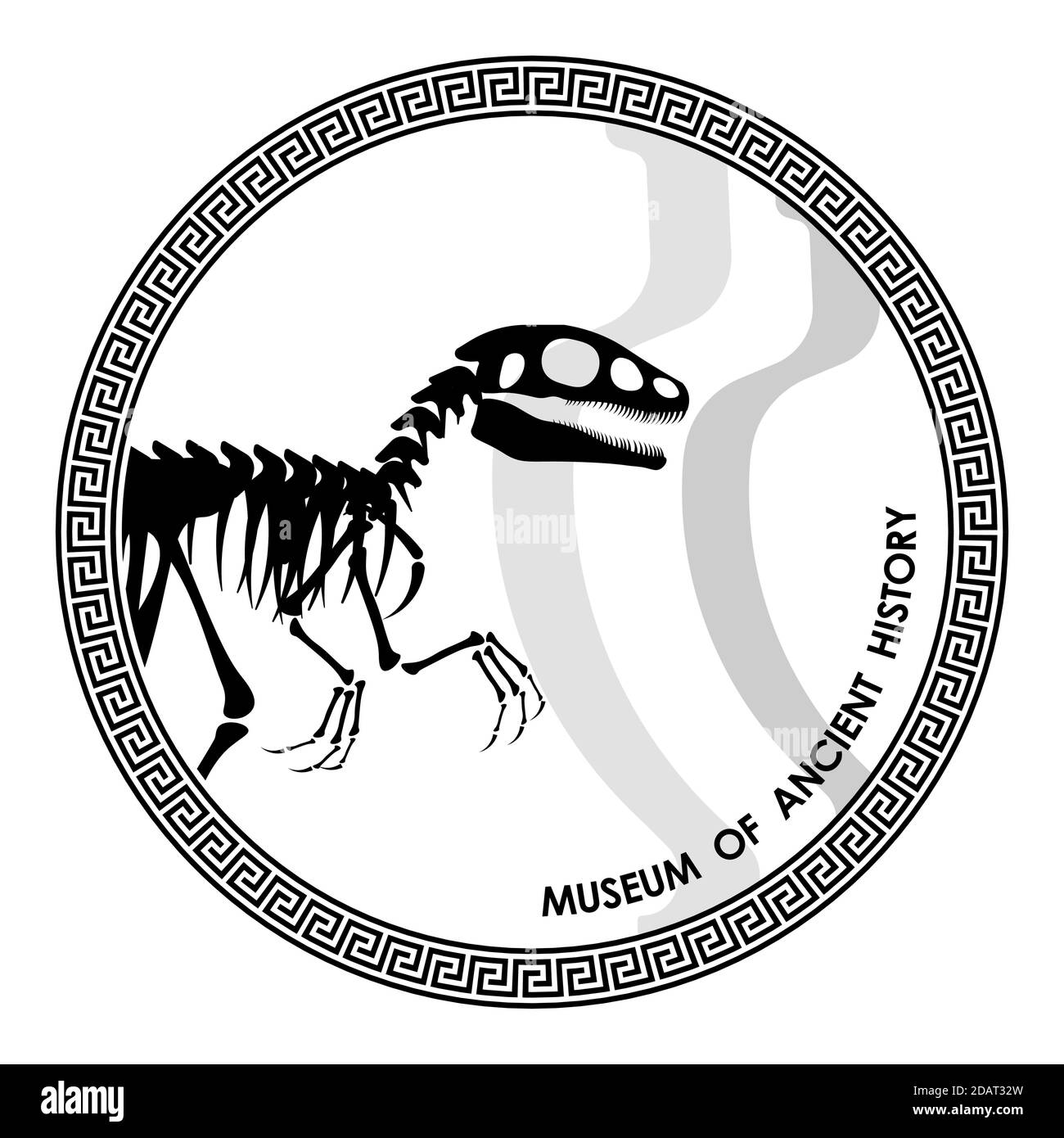 Logo, panneau du musée de l'histoire ancienne avec ornement grec et squelette de dinosaure. Style minimaliste, vecteur isolé sur fond transparent Illustration de Vecteur