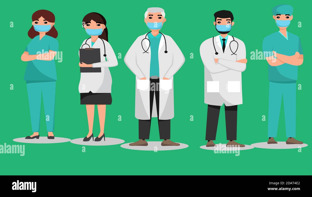 les médecins et les médicaments en vêtements spéciaux forment une rangée de personnes sur une bannière horizontale. le modèle plat. stock illustration vectorielle. SPE 10. Illustration de Vecteur
