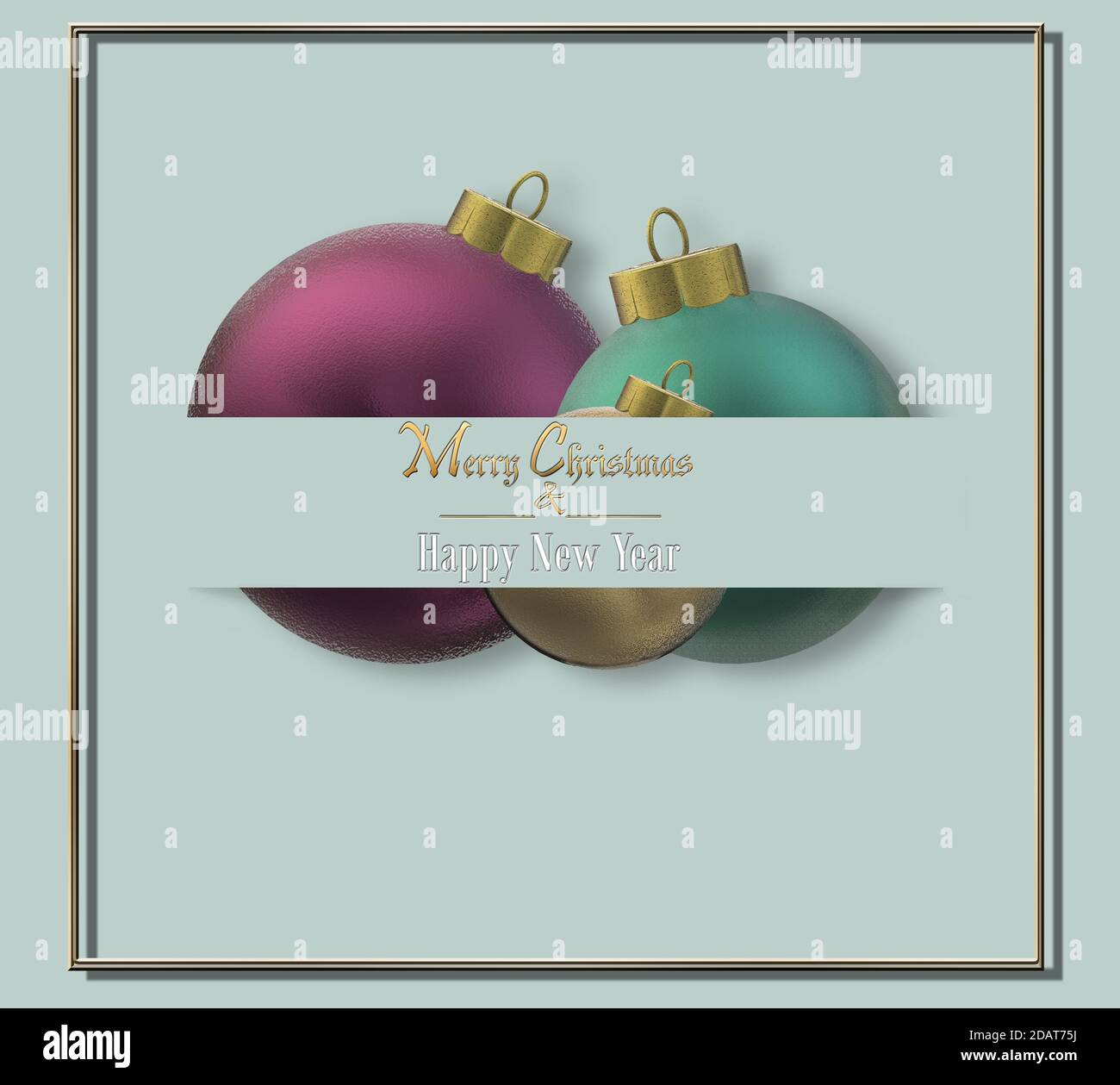 Noël grunge boules style ancien boules boules boules sur le bord de la bande de papier vert pastel. Place pour le texte, maquette. Texte Joyeux Noël bonne année sur vert. Illustration 3D. Motif invitation de Noël Banque D'Images