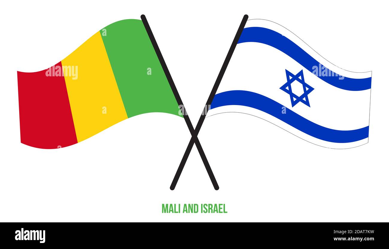 Mali et Israël drapeaux croisés et ondulant le style plat. Proportion officielle. Corriger les couleurs. Banque D'Images