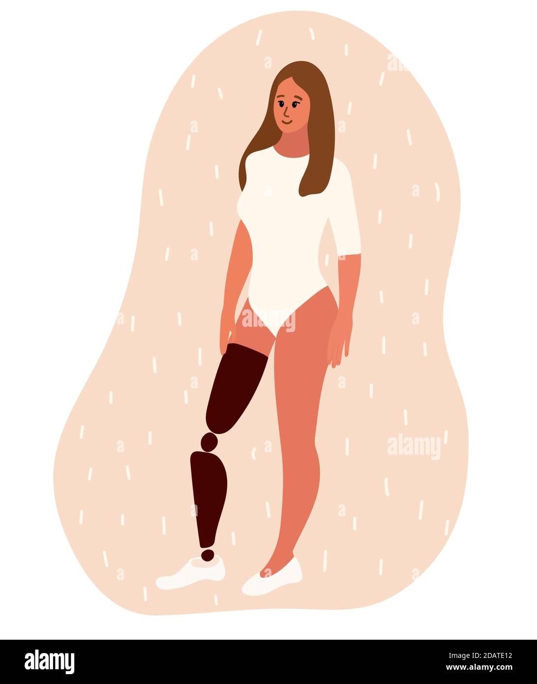 Jeune femme aux jambes artificielles se tient souriant. Illustration vectorielle représentant une femme handicapée au niveau d'une prothèse de jambe. Concept d'inclusion Illustration de Vecteur