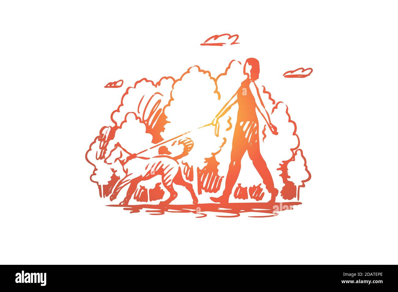 Chien, femme, grand, parc, concept d'animal de compagnie. Vecteur isolé tracé à la main. Illustration de Vecteur