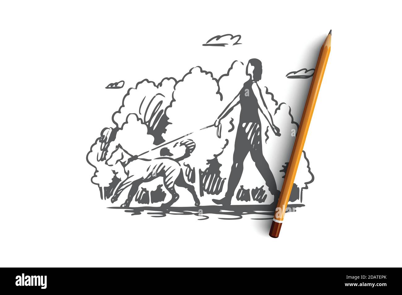 Chien, femme, grand, parc, concept d'animal de compagnie. Vecteur isolé tracé à la main. Illustration de Vecteur