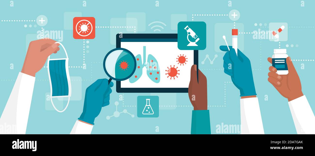 Coronavirus covid-19: Recherche et traitement médicaux, médecins tenant du matériel médical et recherchant un remède ensemble Illustration de Vecteur