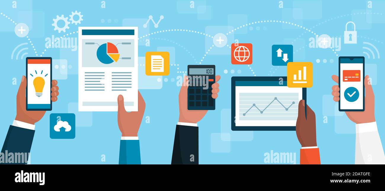 Les professionnels travaillant ensemble et se connectant en ligne, ils tiennent des appareils mobiles, des diagrammes financiers, des concepts d'entreprise et de technologie Illustration de Vecteur