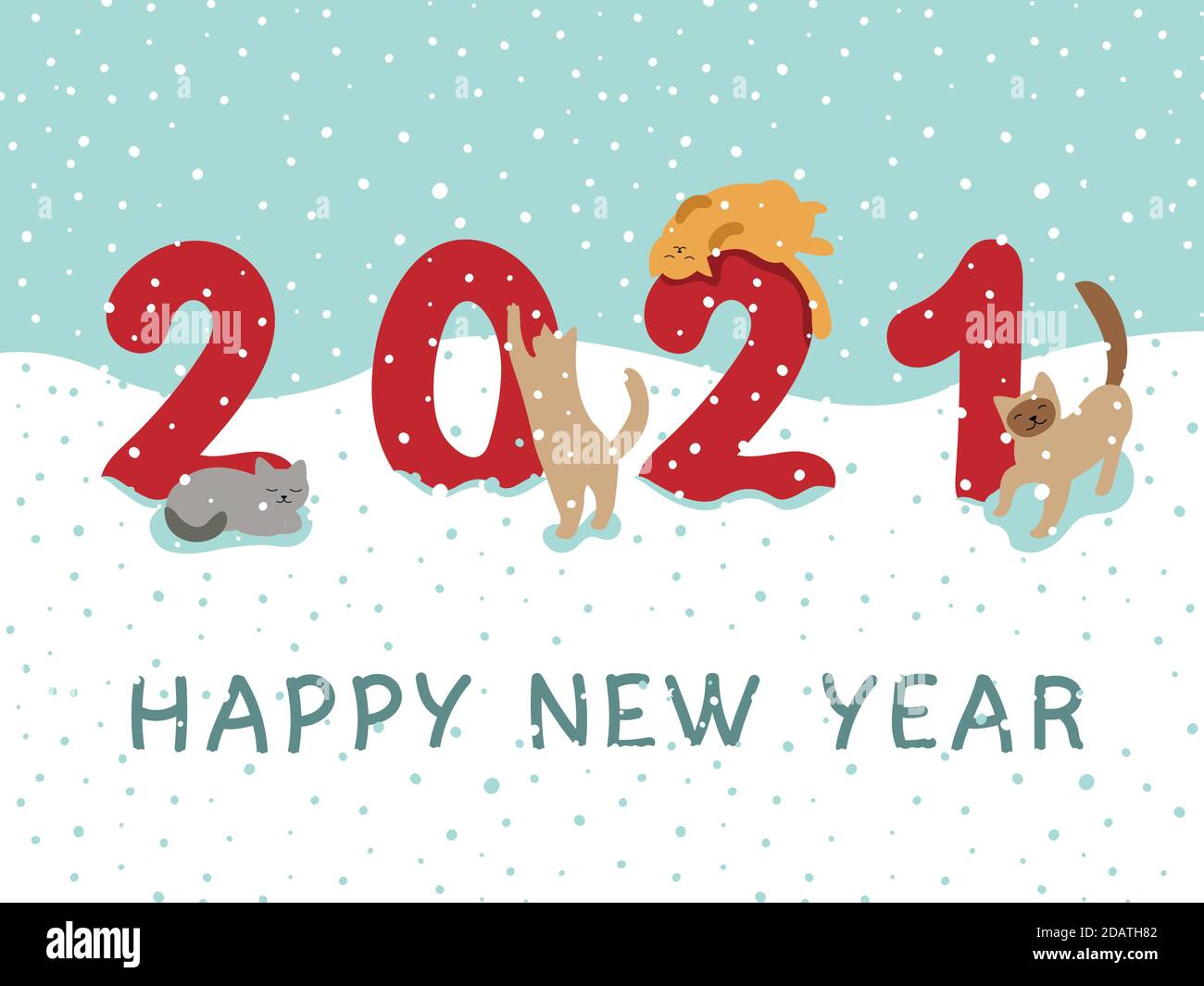 carte postale bonne année 2021, numéros sous la neige, les chats frottent autour, illustration vectorielle Illustration de Vecteur