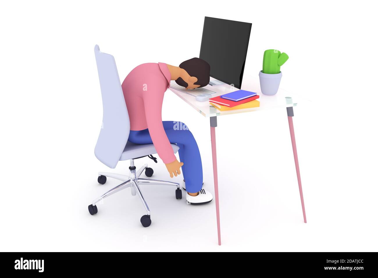 Professionnel et indépendant burranse, travail à la maison et homme épuisé. Illustration du concept de problème de santé mentale et de procrastination. illustration de rendu 3d Banque D'Images