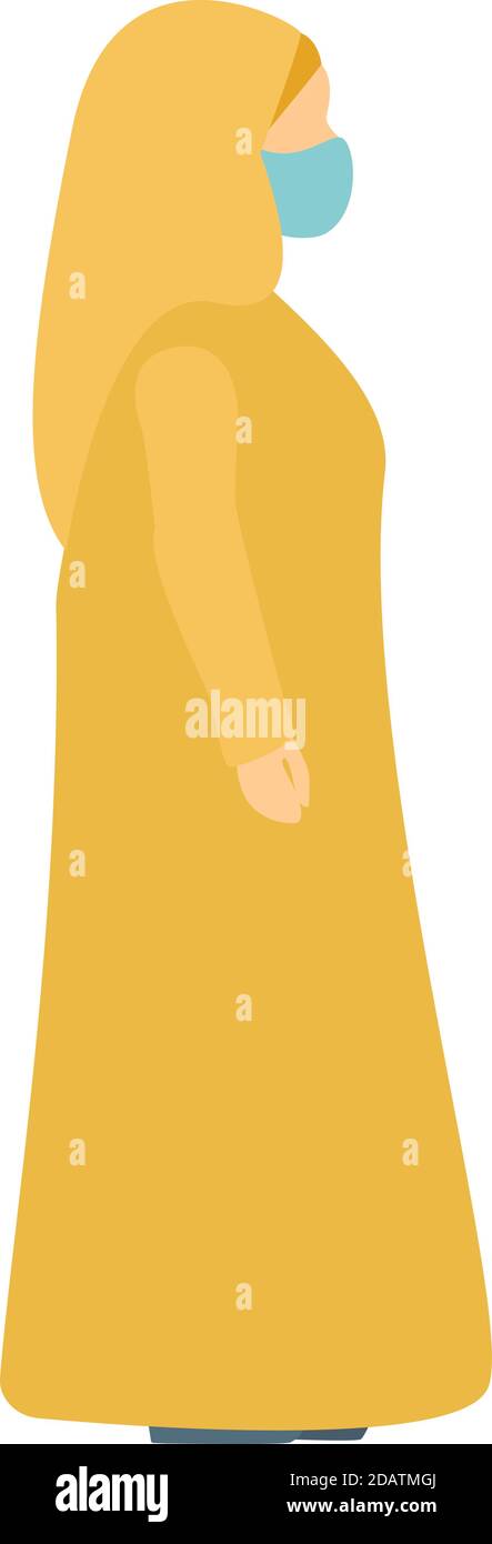 Femme arabe vêtue de jaune. Vue latérale sur toute la longueur dans le masque médical. illustration vectorielle plate Illustration de Vecteur