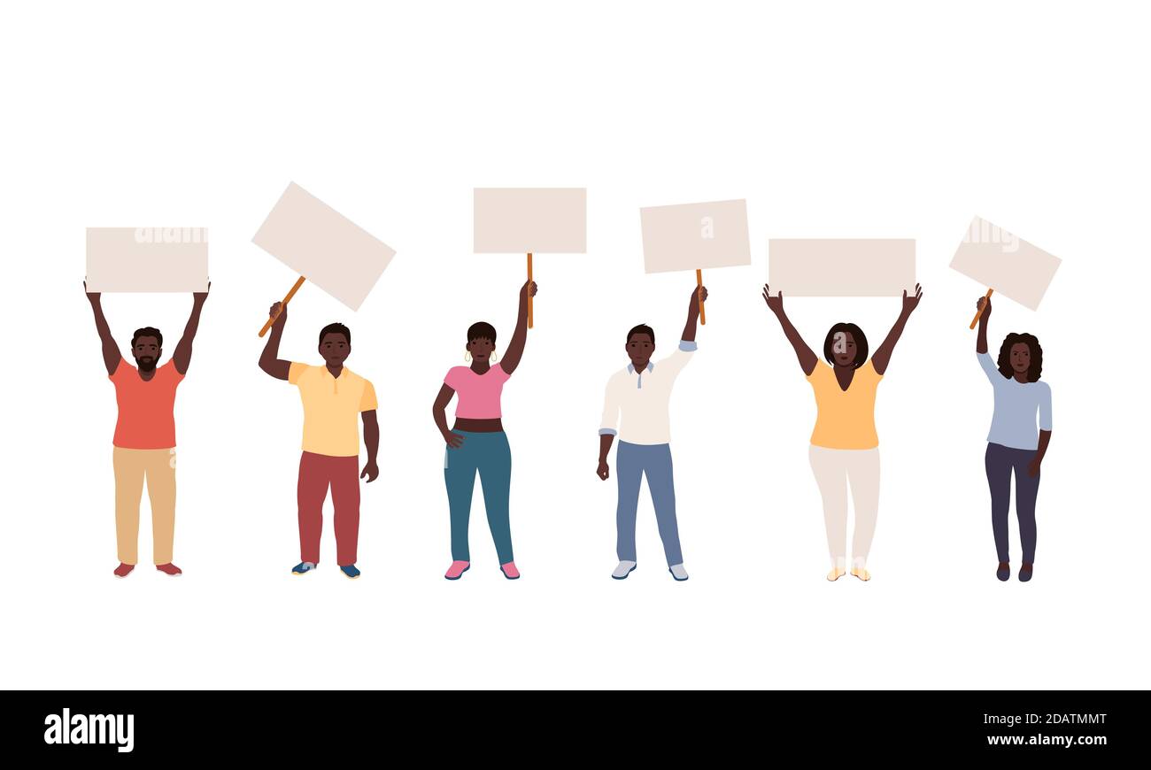des hommes et des femmes noirs tiennent des affiches vierges dans leurs mains, des activistes. illustration vectorielle Illustration de Vecteur