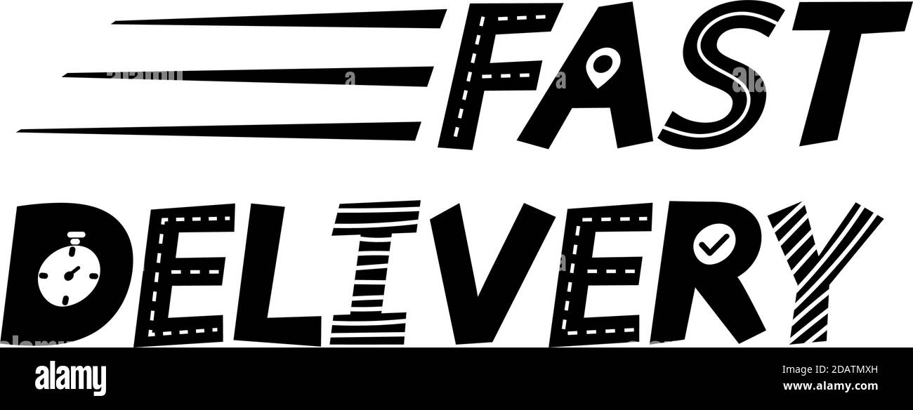 Livraison rapide. Lettrage décoratif dessiné à la main. Modèle pour logo, bannière, affiche, prospectus, carte de vœux, Web design, impression design. Illustration vectorielle. Illustration de Vecteur