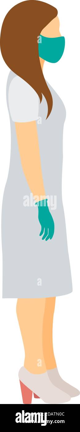 femme debout dans un masque médical et des gants, décontracté porter une vue latérale sur toute la longueur. illustration vectorielle plate Illustration de Vecteur