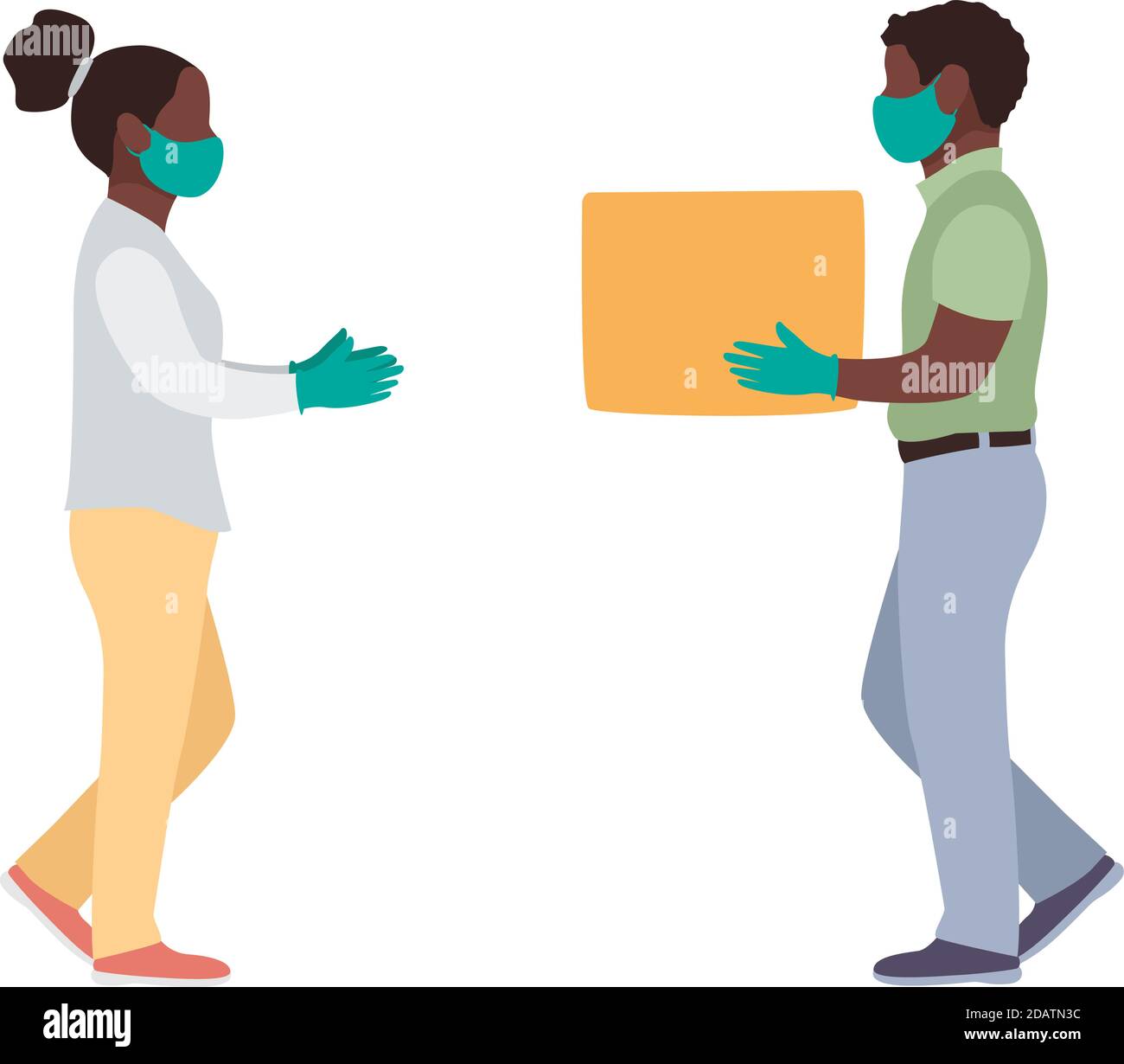 Livraison noir homme plein vue latérale, uniforme visage masque médical gants tenir une boîte en carton vide. Coronavirus de service. Achats en ligne Illustration de Vecteur