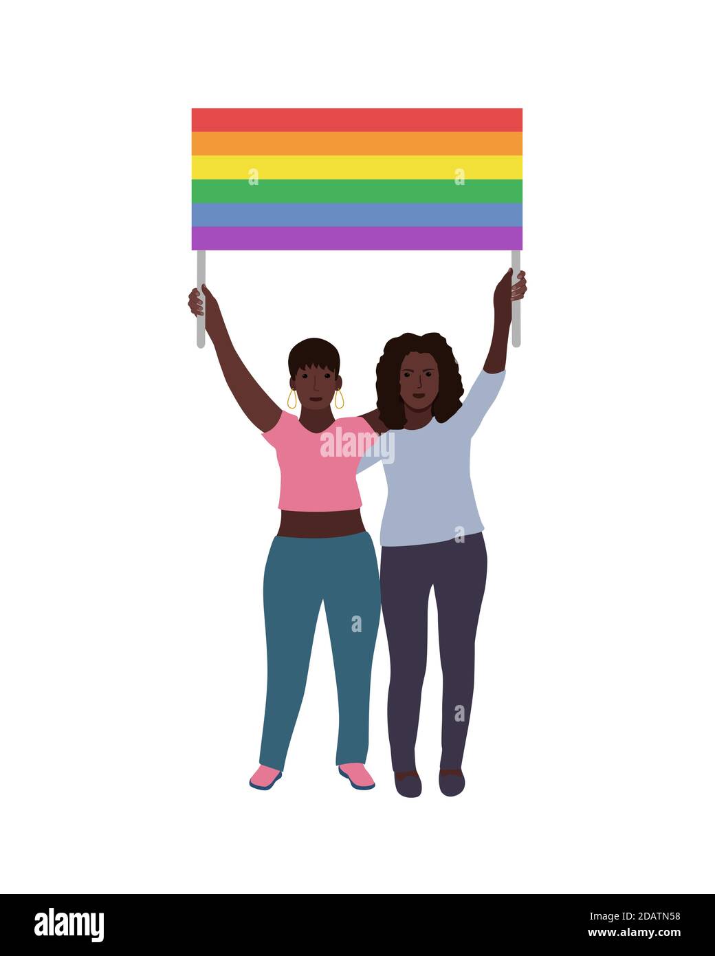Deux femmes LGBT noires portant un drapeau arc-en-ciel sur leur tête. Happy Pride Month. Illustration vectorielle Illustration de Vecteur