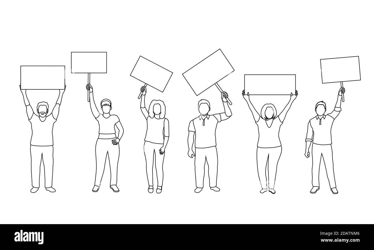 les hommes et les femmes tiennent des affiches vierges dans leurs mains, des activistes. illustration vectorielle Illustration de Vecteur