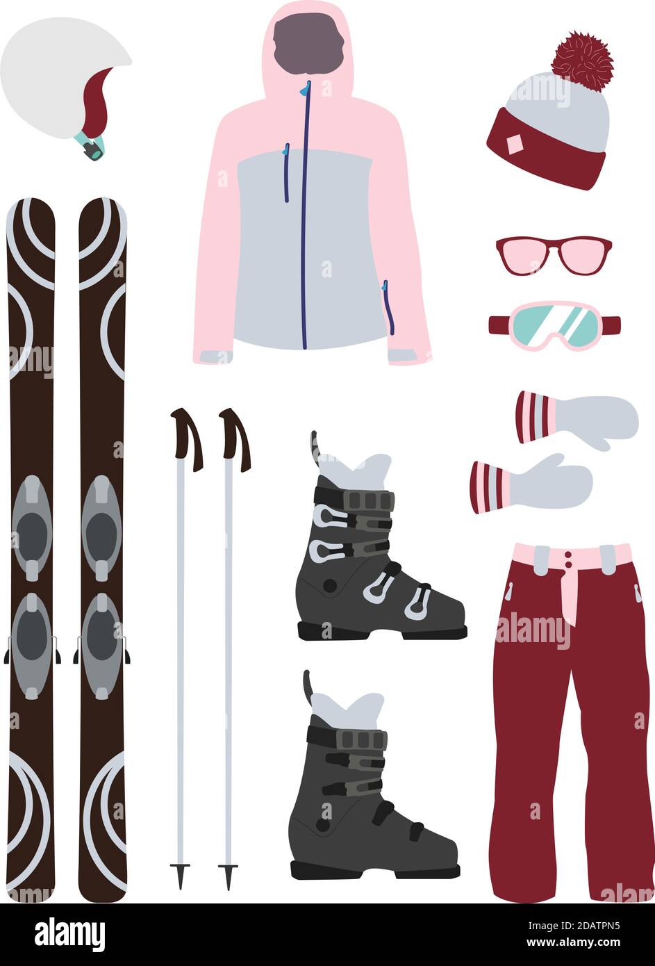Kit d'équipement de ski vêtements illustration vectorielle sur fond transparent. Sports d'hiver extrêmes. Set skis et bâtons de ski. Vacances Illustration de Vecteur
