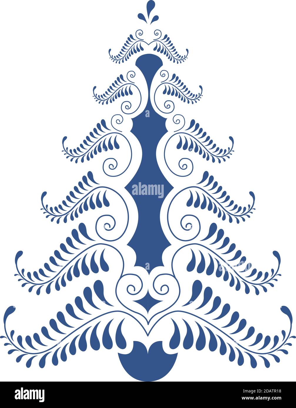 Arbre de Noël à partir de motifs bleus de gouttelettes et de boucles Le style russe Gzhel Illustration de Vecteur