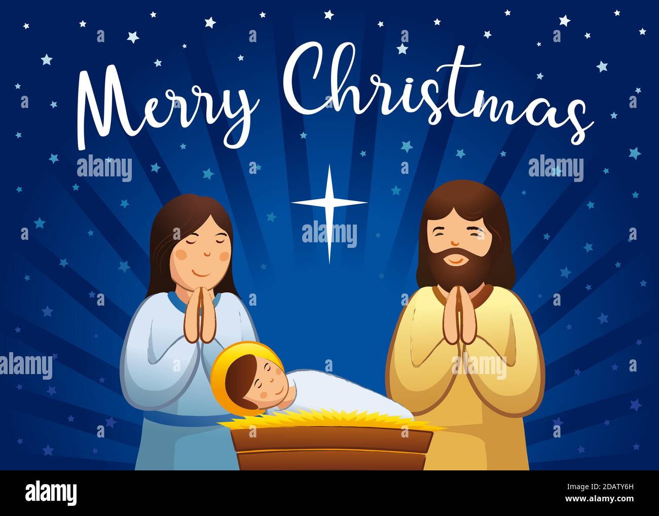 Carte de vœux de fête de Noël, scène Sainte de famille. Illustration vectorielle naissance du Christ, avec le bébé Jésus prière Marie et Joseph et étoile de Bethléem Illustration de Vecteur