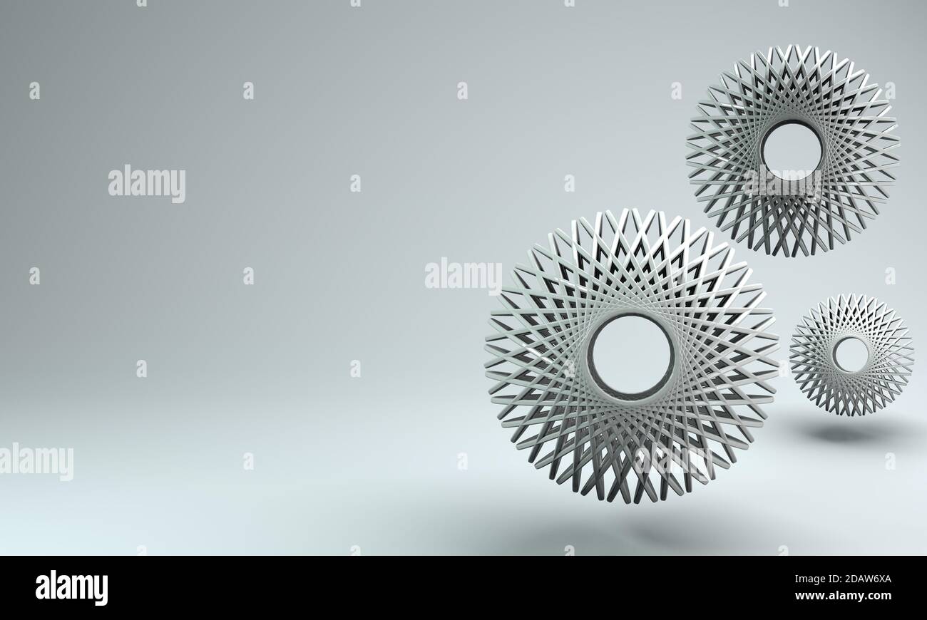 illustration de rendu 3d de trois cercles architecturaux abstraits d'argent un arrière-plan gris Banque D'Images