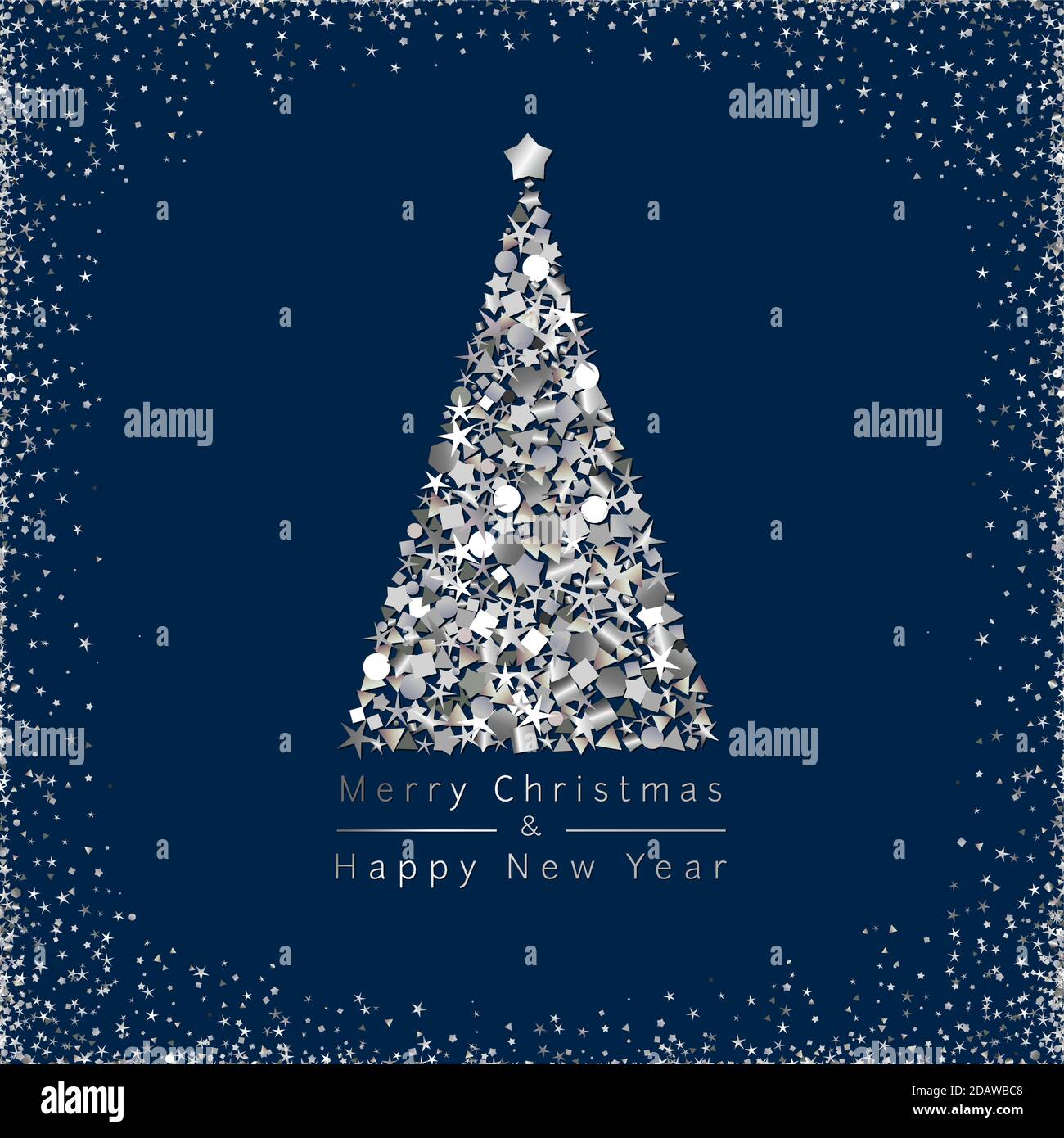 Joyeux Noël et BONNE année. Bleu foncé carré félicitation logotype métal luminescent poussière modèle design abstrait isolé 3d graphiques Illustration de Vecteur