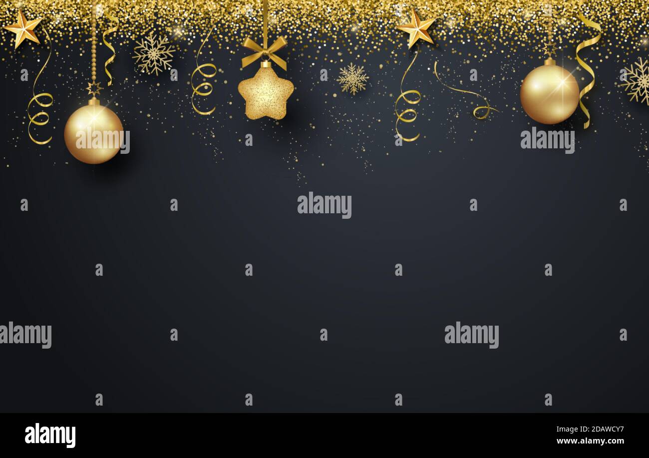 Carte de vœux, invitation avec joyeux nouvel an 2021 et Noël. Boules de Noël en or métallique, décoration, confettis brillants sur un noir Illustration de Vecteur