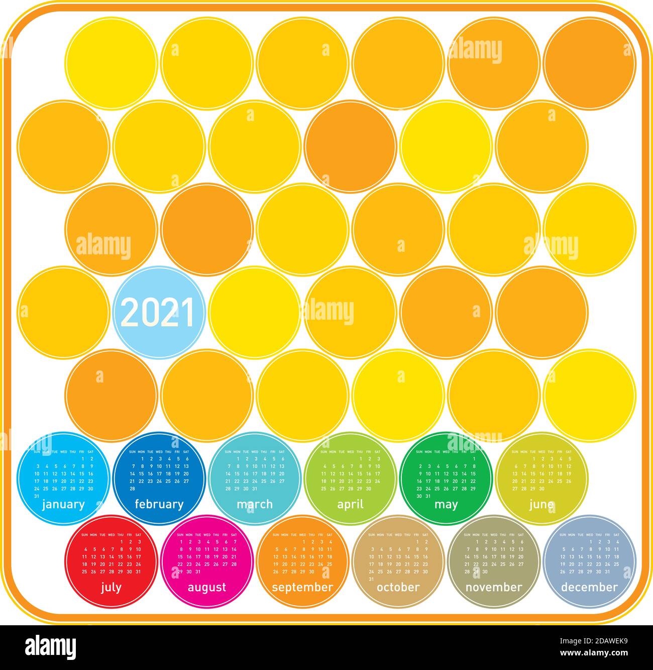 Calendrier coloré des cercles pour l'année 2021, dans les vecteurs Illustration de Vecteur